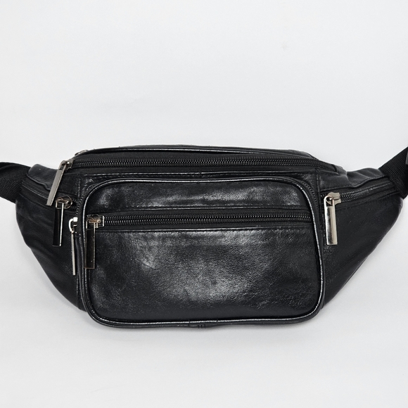 Vintage Black Leather Waist Bag with Adjustable Nylon Belt, Push Buckle, EUC - Picture 3 of 8